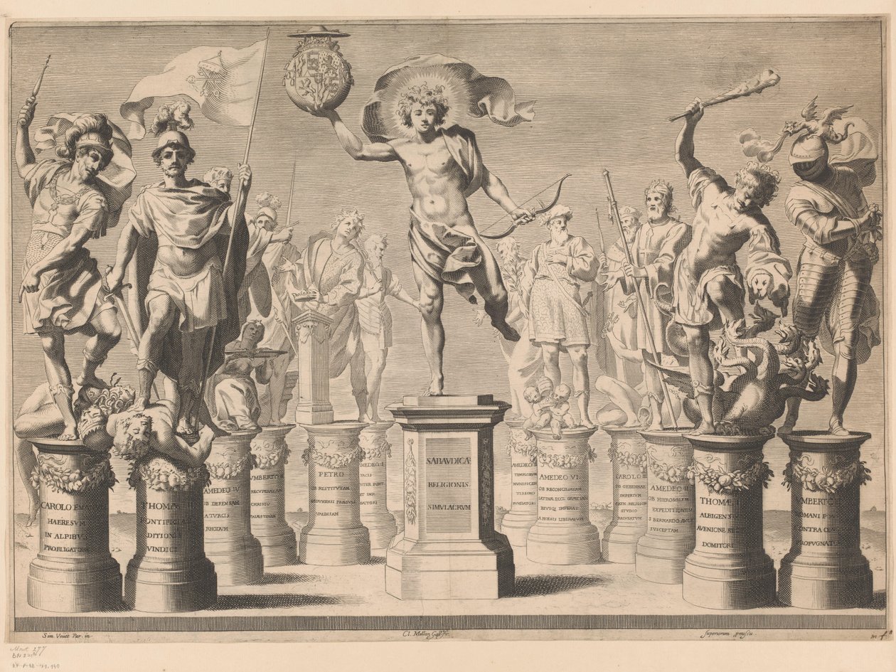 Alegoría en honor a la Casa de Saboya con figuras legendarias sobre pedestales de Claude Mellan