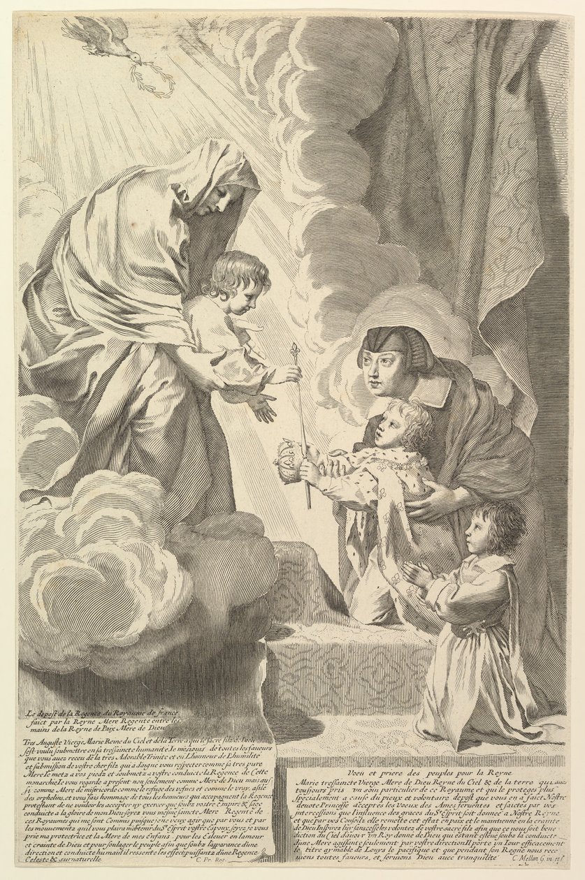 Ana de Austria con el Joven Luis XIV y Monsieur ante la Virgen y el Niño de Claude Mellan