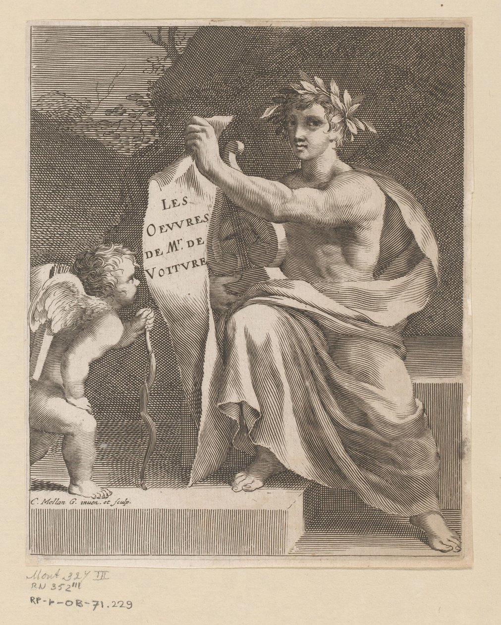 Apolo en un amor Las obras del Sr. de Voiture (título sobre el objeto) Titelpagina voor: Vincent de Voiture, Las obras de Vincent de Voiture, 1650 de Claude Mellan