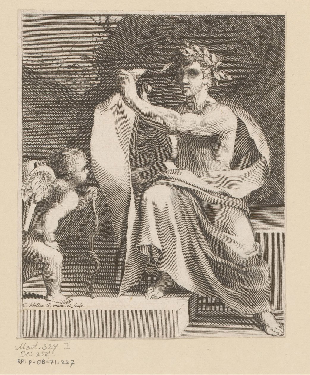 Apolo pone een amor Titelpagina voor: François Tristan the Hermit Sieur du Soliers, Los amores de Tristan, 1638 de Claude Mellan