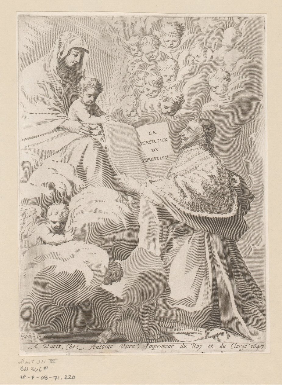 Armand-Jean du Plessis duque de Richelieu presenta un libro a María con el Niño Página de título para: Armand-Jean du Plessis Duque de Richelieu, Traité de la perfeccion du chrétien de Claude Mellan