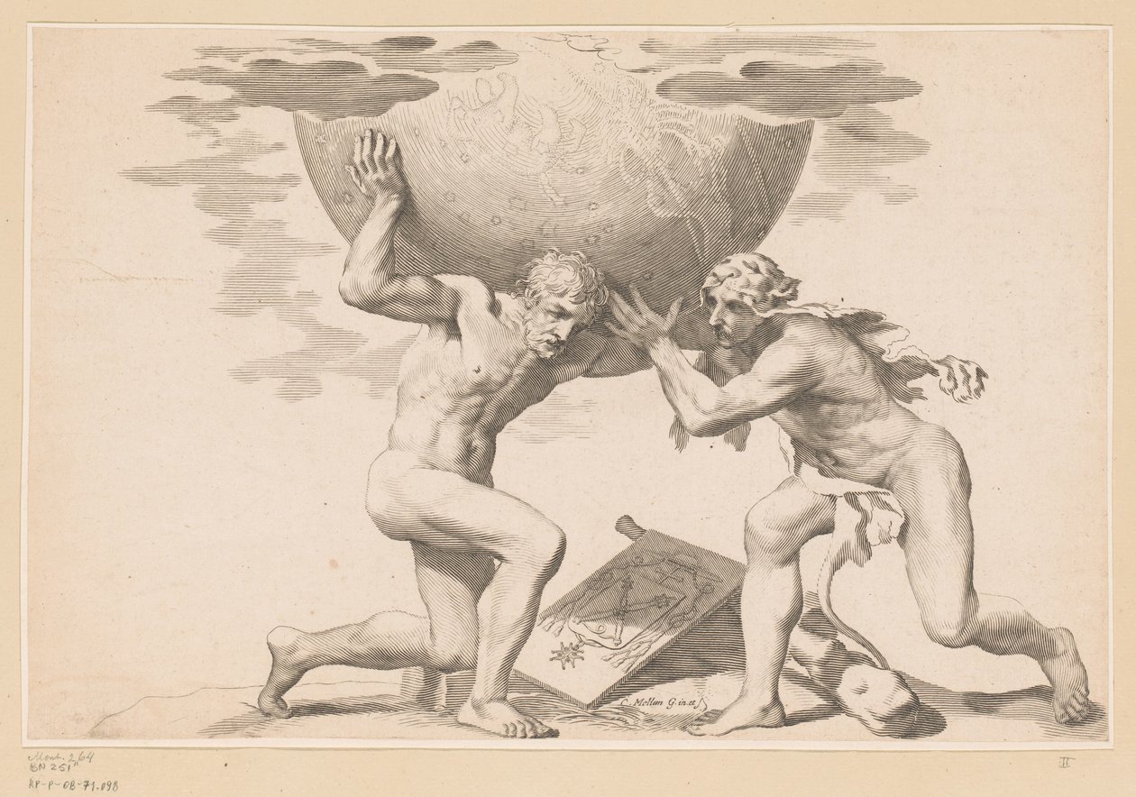 Atlas le da la esfera celeste a Hércules de Claude Mellan