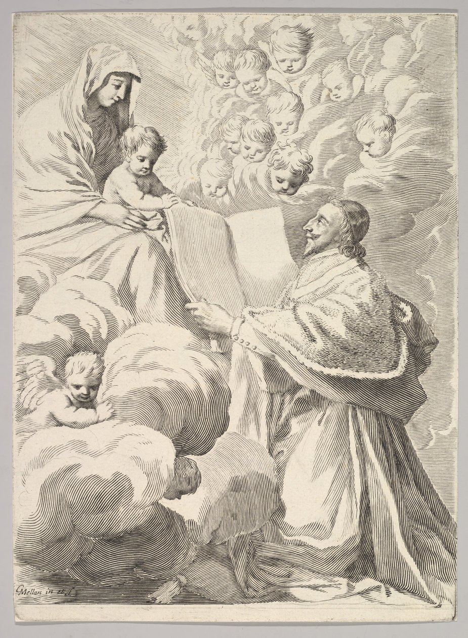 Cardenal Richelieu, arrodillado, presenta su libro a la Virgen y el Niño, ca. 1646 de Claude Mellan