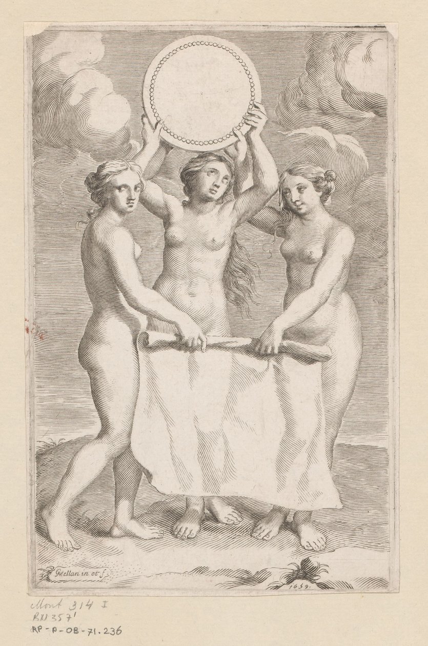 Tres Gracias con medallón Portada para: Balthazar de Vias, Charitum libri tres, 1660 de Claude Mellan