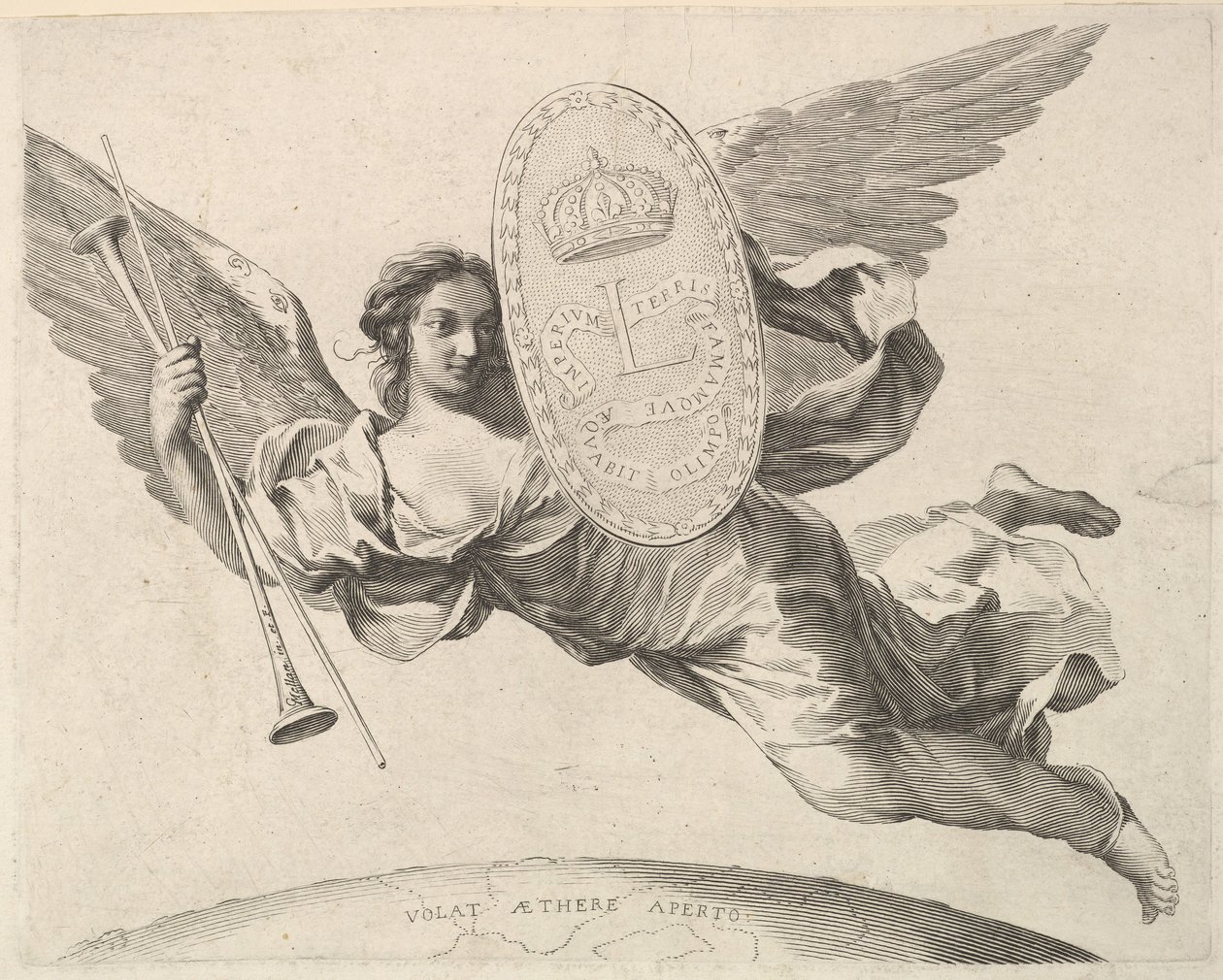 Fama llevando un escudo con la inicial de Luis XIV La Renommée volant de Claude Mellan