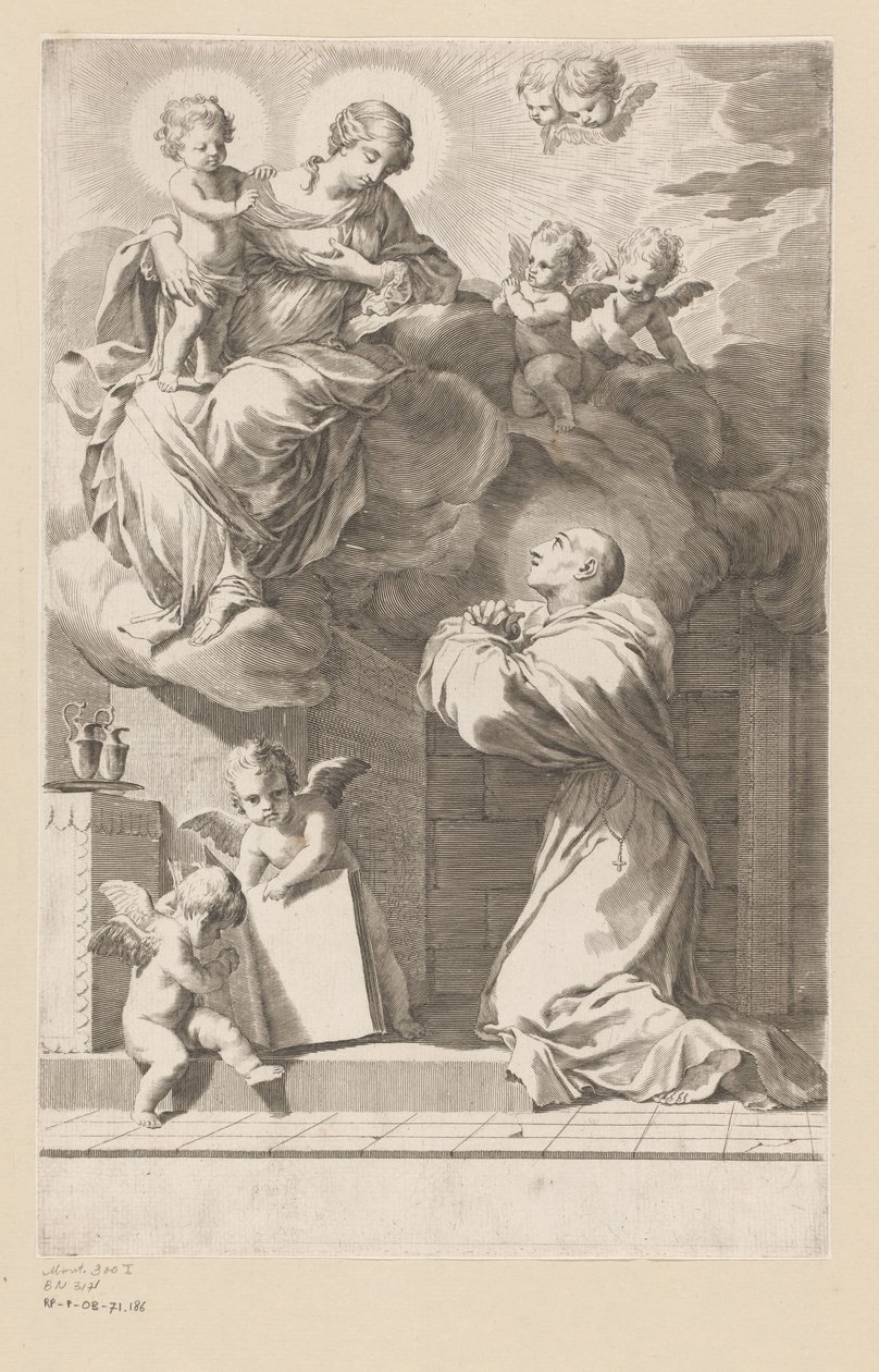 H. Bernard arrodillado ante una aparición de la Virgen y el Niño Portada para: San Bernardo, Divi Bernardi Abbatis (...), 1640 de Claude Mellan