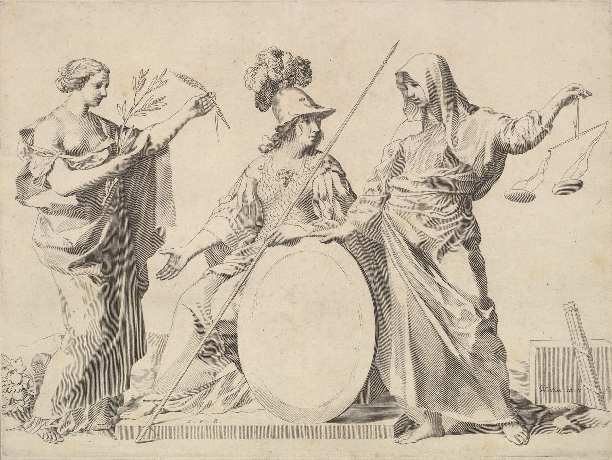 Minerva Flanqueada por la Paz y la Justicia Armoiries de Gallard et de Mesmes de Claude Mellan
