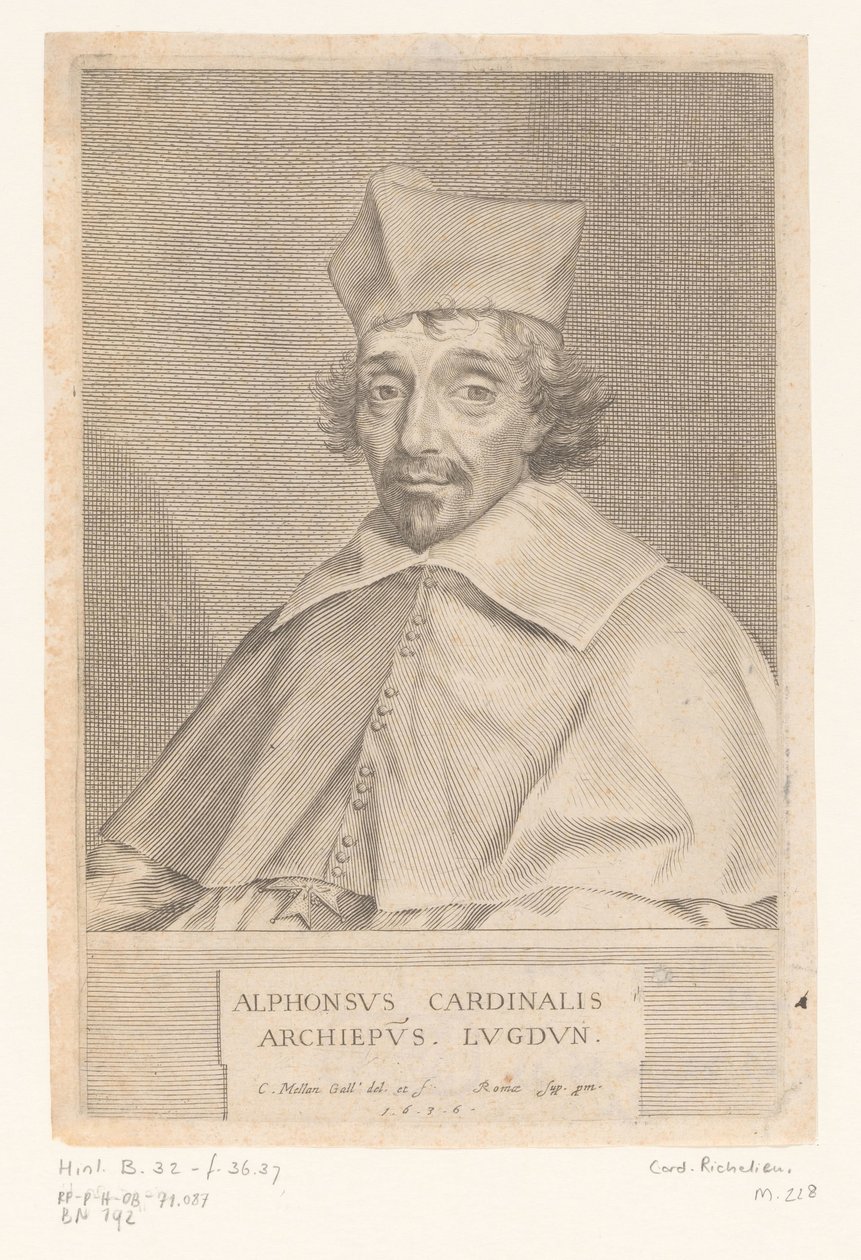 Retrato de Alphonse Louis du Plessis de Richelieu, Arzobispo de Lyon de Claude Mellan