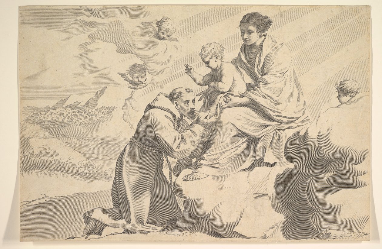 San Francisco de Asís adorando al Niño Jesús en el regazo de la Virgen de Claude Mellan