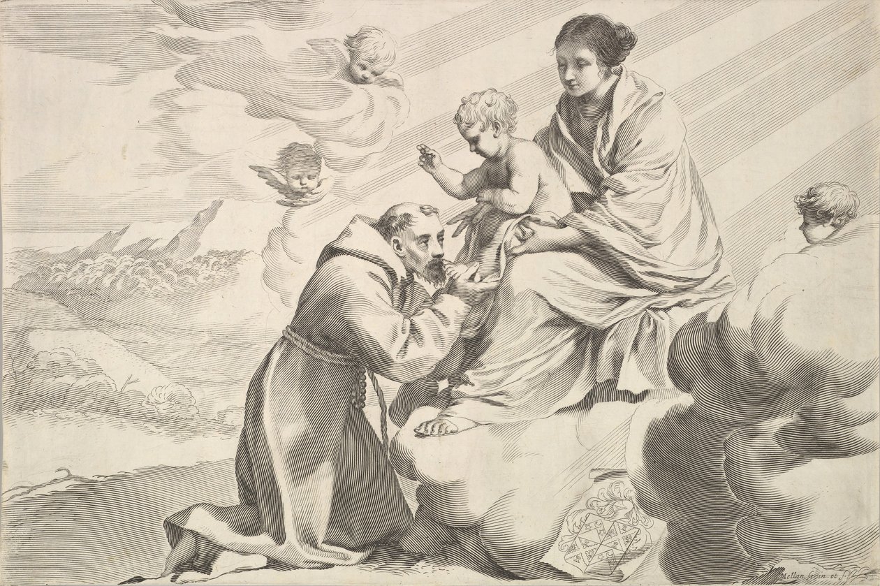 San Francisco de Asís adorando al Niño Jesús en el regazo de la Virgen de Claude Mellan
