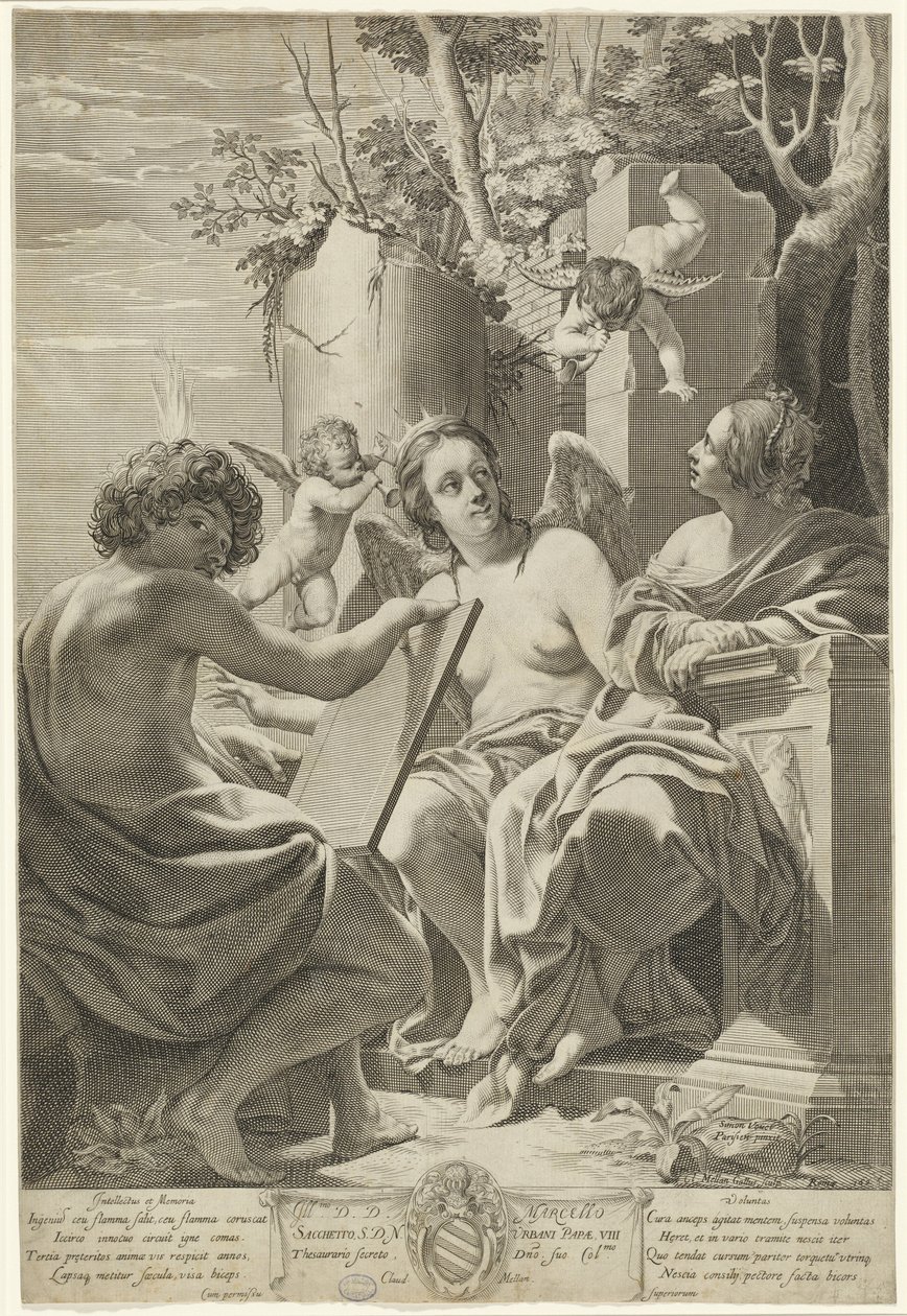 Alegoría del intelecto, la memoria y la voluntad de Claude Mellan after Simon Vouet