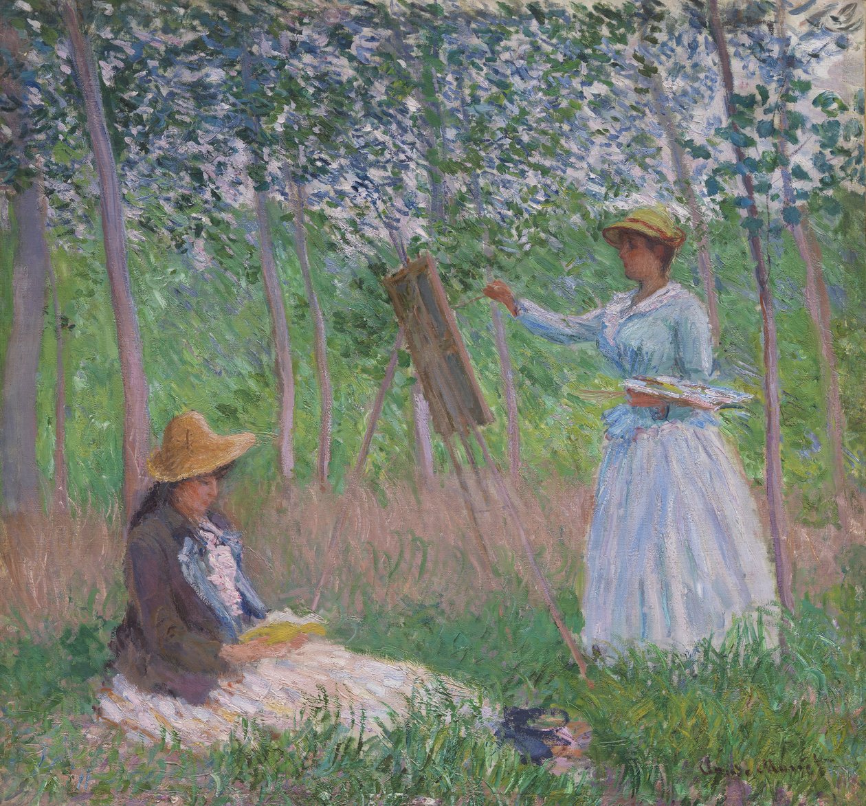 En el bosque de Giverny: Blanche Hoschedé ante su caballete, con Suzanne Hoschedé leyendo de Claude Monet