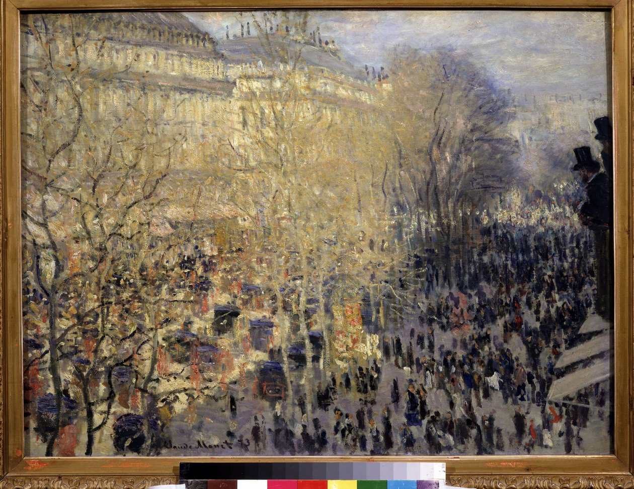 ""Le boulevard des Capucines"" Multitud de transeúntes y tráfico en el barrio de la Ópera de París. Pintura de Claude Monet (1840-1926). Óleo sobre tela. Impresionismo. 1873. Dim. 61x80 cm Museo Pushkin, Moscú de Claude Monet