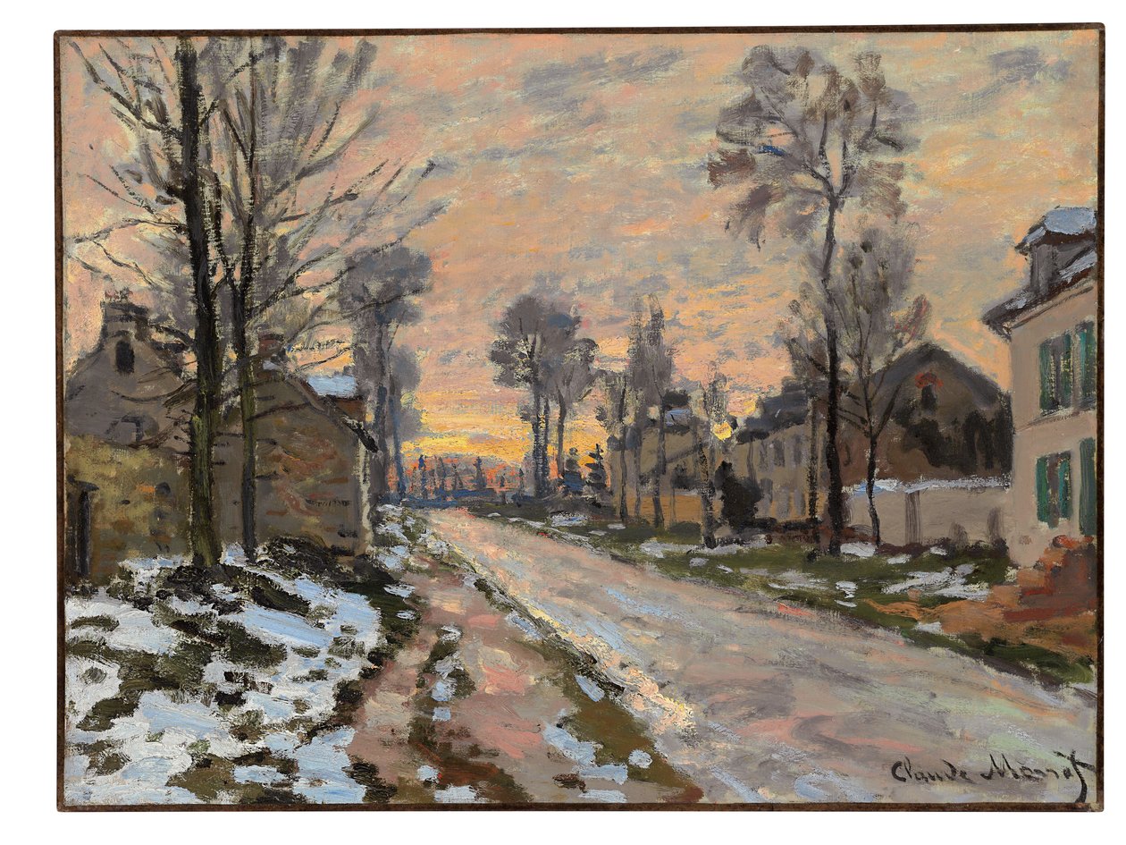 Ruta a Louveciennes, nieve fundente, sol poniente, c.1869-70 de Claude Monet