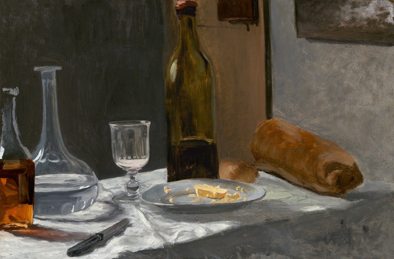 Naturaleza muerta con botella, jarra, pan y vino, c. 1862-63 (óleo sobre lienzo) de Claude Monet