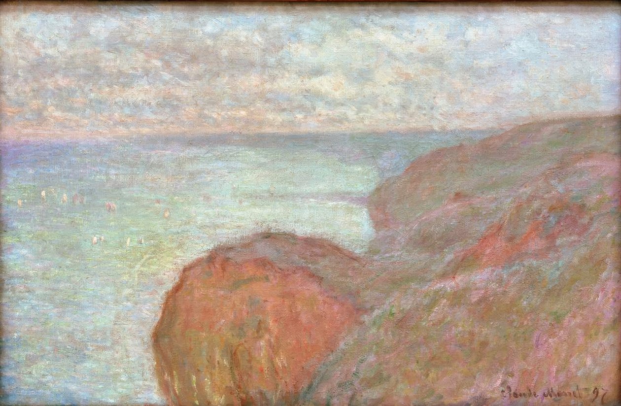 En el acantilado cerca de Dieppe, cielo nublado de Claude Monet