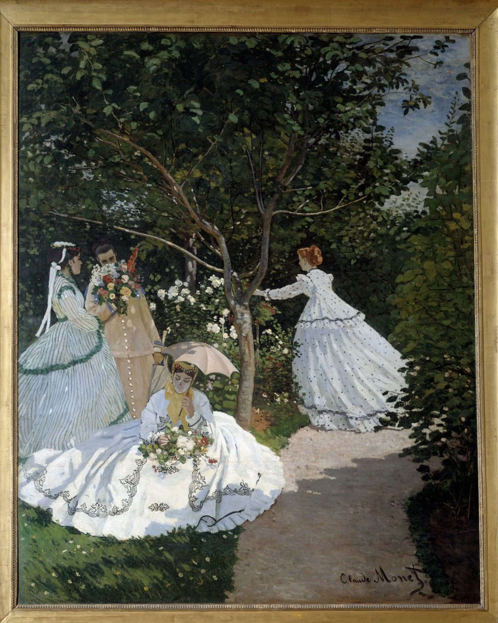 Mujeres en el jardín en la Ciudad de Avray. Grupo de jóvenes mujeres en un jardín de flores. Pintura de Claude Monet (1840-1926). 1867. Dim. 2,55 x 2,05 m. París, Museo de Orsay de Claude Monet