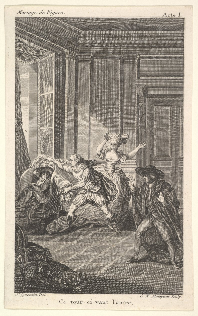 Un hombre acurrucado en una silla mira hacia otro hombre que se le acerca desde la izquierda, ca. 1784 de Claude Nicolas Malapeau