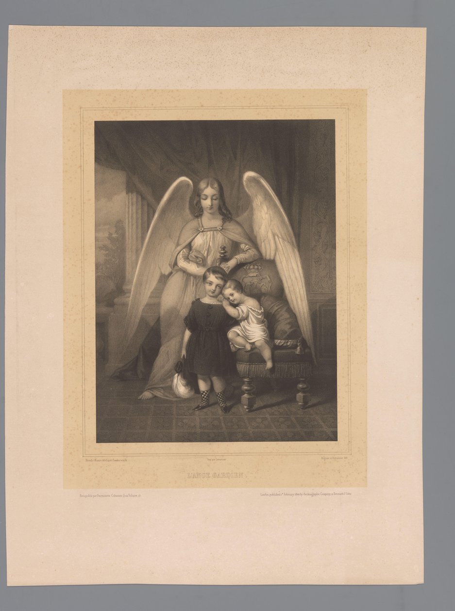 El ángel guardián está detrás de dos niños pequeños L
