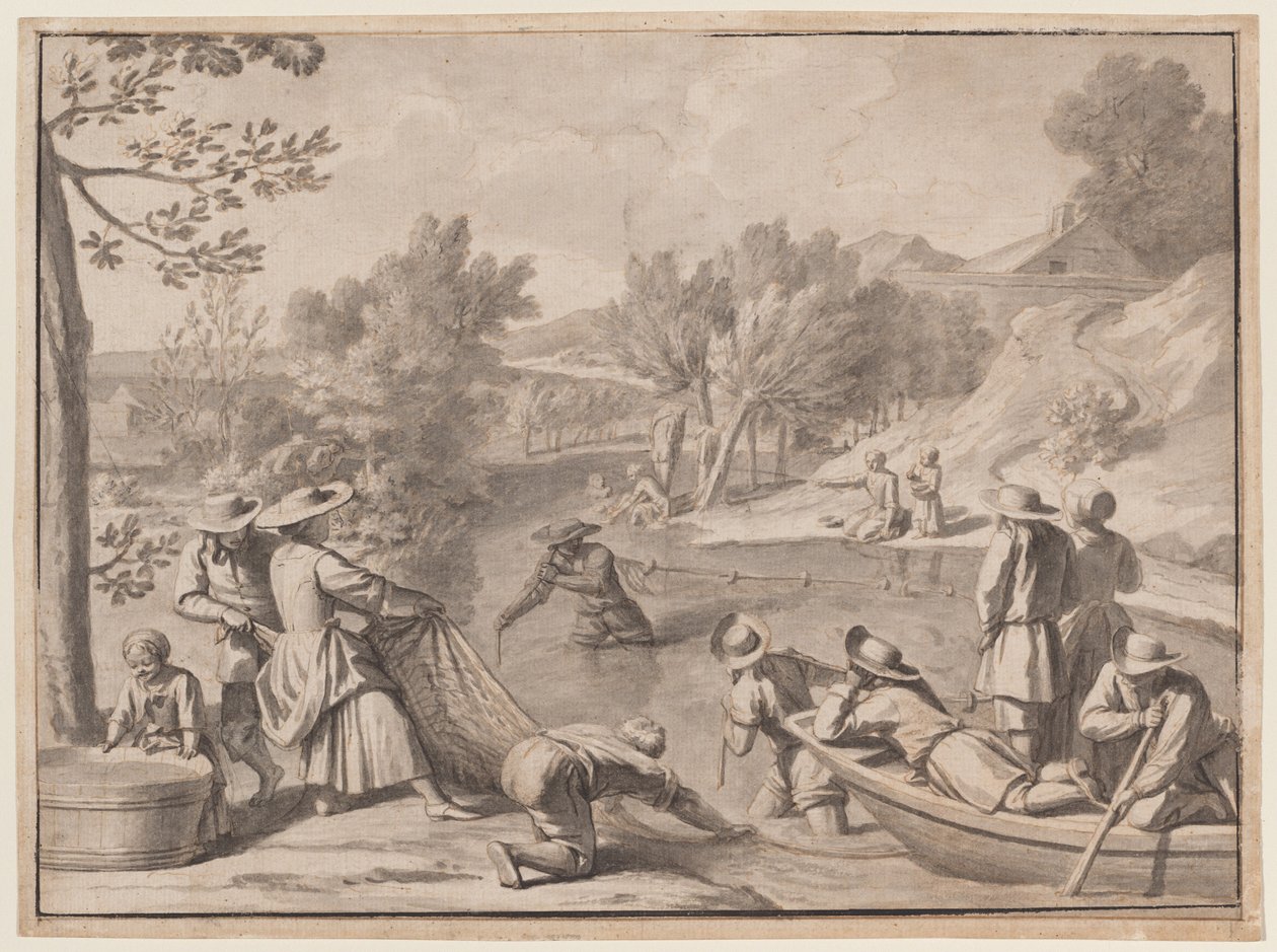 Agosto: Pesca, c.1700 (tinta) de Claude Simpol