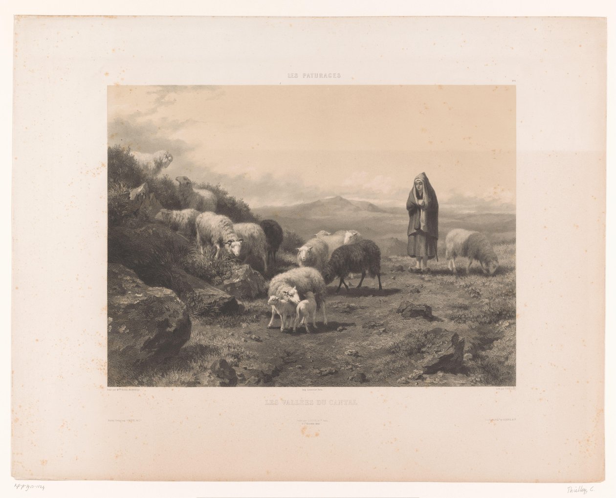 Pastora con ovejas en la llanura de Cantal Les Vallées du Cantal (título sobre objeto) Pastos (título de la serie) Les paturages (título de la serie sobre el objeto) de Claude Thielley