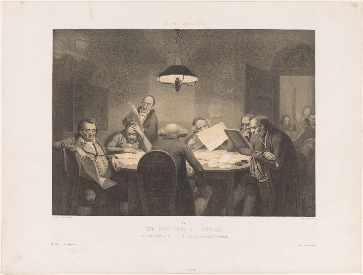 Hombres leyendo alrededor de una mesa
Les profonds politiques / The deep politicians / Die vollendeten Staatsmanner (título en el objeto)
Escenas de humor (título de la serie)
Galerie pour rire (título de la serie en el objeto) de Claude Thielley