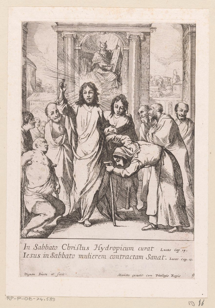 La curación del hombre cojo y de la mujer torcida en sábado Miracula Domini Nostri Jesu Christi (título de la serie) Milagros de Cristo (título de la serie) de Claude Vignon