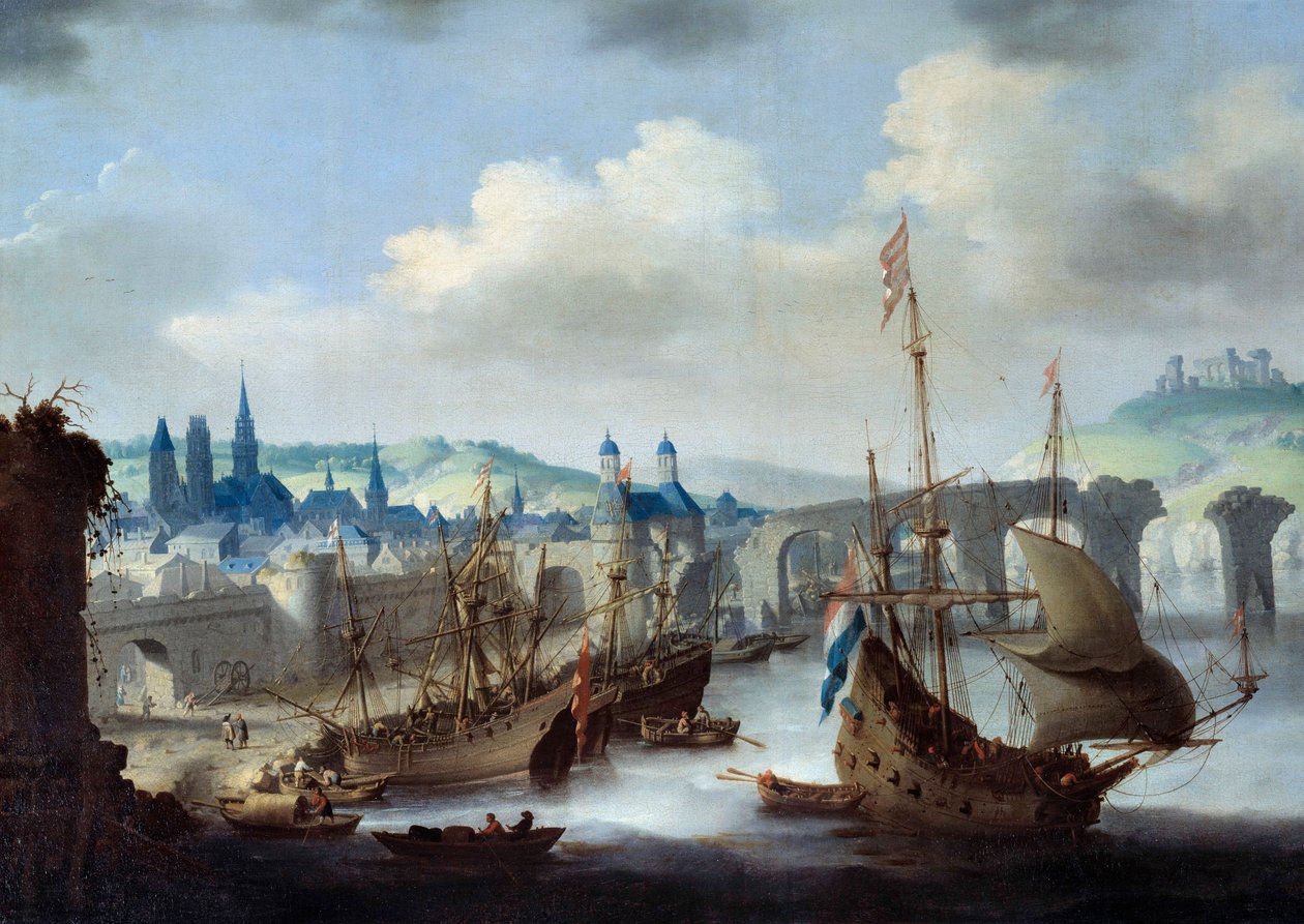 Vista de la ciudad de Ruan. Los barcos están amarrados en las orillas del Sena. Pintura de Claude de Jongh de Claude de Jongh