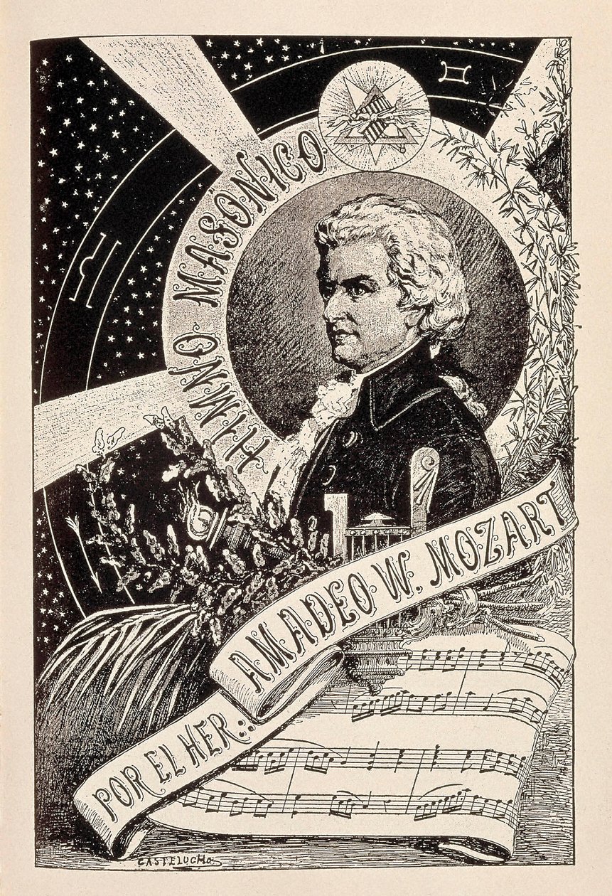 Representación del compositor austriaco Wolfgang Amadeus Mozart (1756-1791), miembro masón asociado con el Diccionario Enciclopédico de la Masonería de Claudio Castelucho