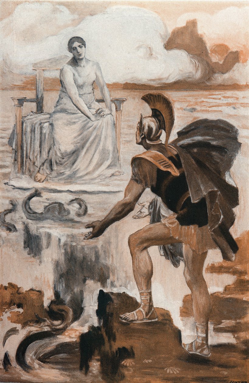 Aquiles invoca a su madre Tetis. Ilustración de Clement Gontier (1876-1918) para "La Ilíada" (Omero) de Homere. París, Henri Laurens de Clement Gontier