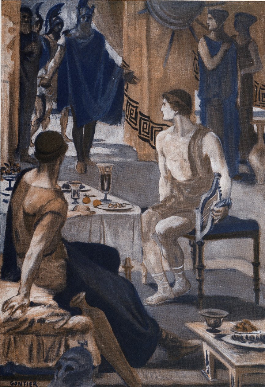 Aquiles recibe a los enviados de Agamenón. Ilustración de Clement Gontier (1876-1918) para "La Ilíada" (Omero) de Homere. París, Henri Laurens de Clement Gontier