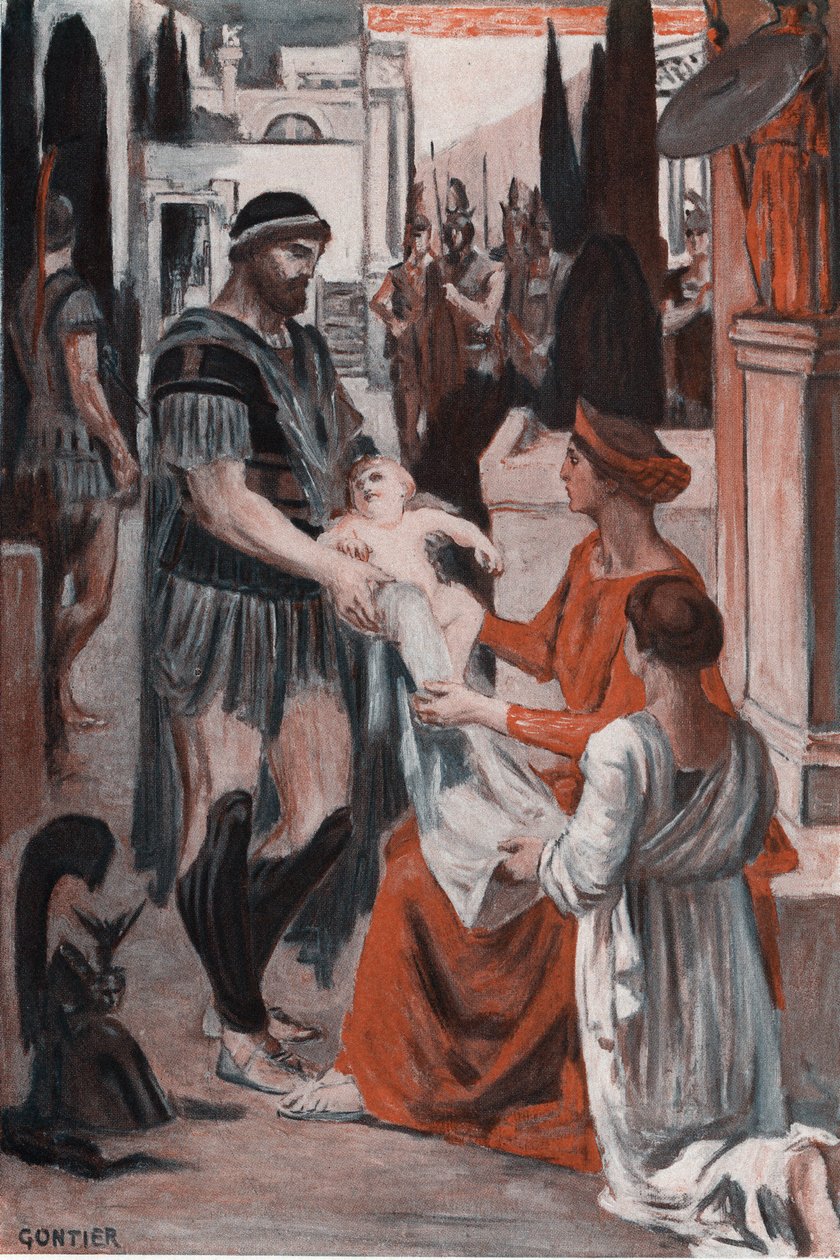 Héctor y Andrómeda se despiden. Ilustración de Clement Gontier (1876-1918) para "La Ilíada" (Omero) de Homere. París, Henri Laurens de Clement Gontier
