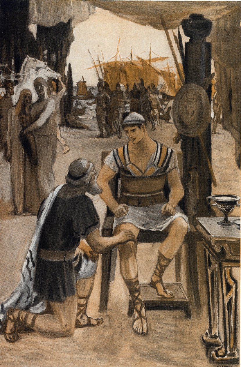 Príamo rachea a Aquiles el cuerpo de su hijo (Héctor). Ilustración de Clement Gontier (1876-1918) para "La Ilíada" (Omero) de Homere. París, Henri Laurens de Clement Gontier