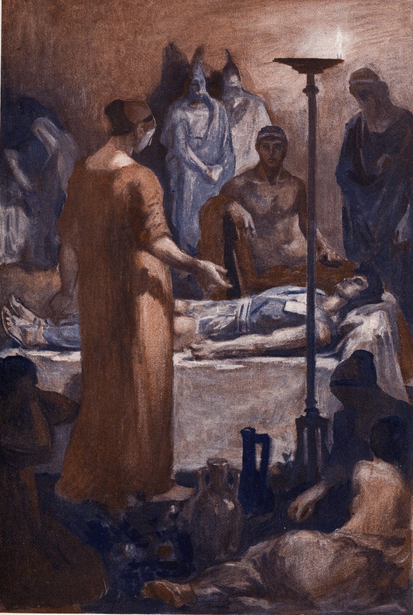 La queja de Briseida (al ver las heridas de Patrocles). Ilustración de Clement Gontier (1876-1918) para "La Ilíada" (Omero) de Homere. París, Henri Laurens de Clement Gontier