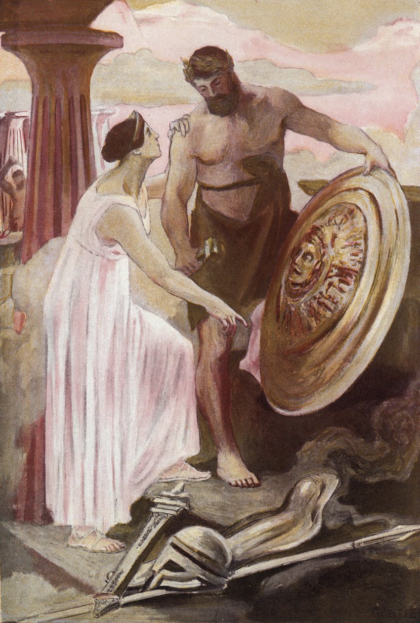 El escudo de Aquiles creado por Vulcano. Ilustración de Clement Gontier (1876-1918) para "La Ilíada" (Omero) de Homere. París, Henri Laurens de Clement Gontier