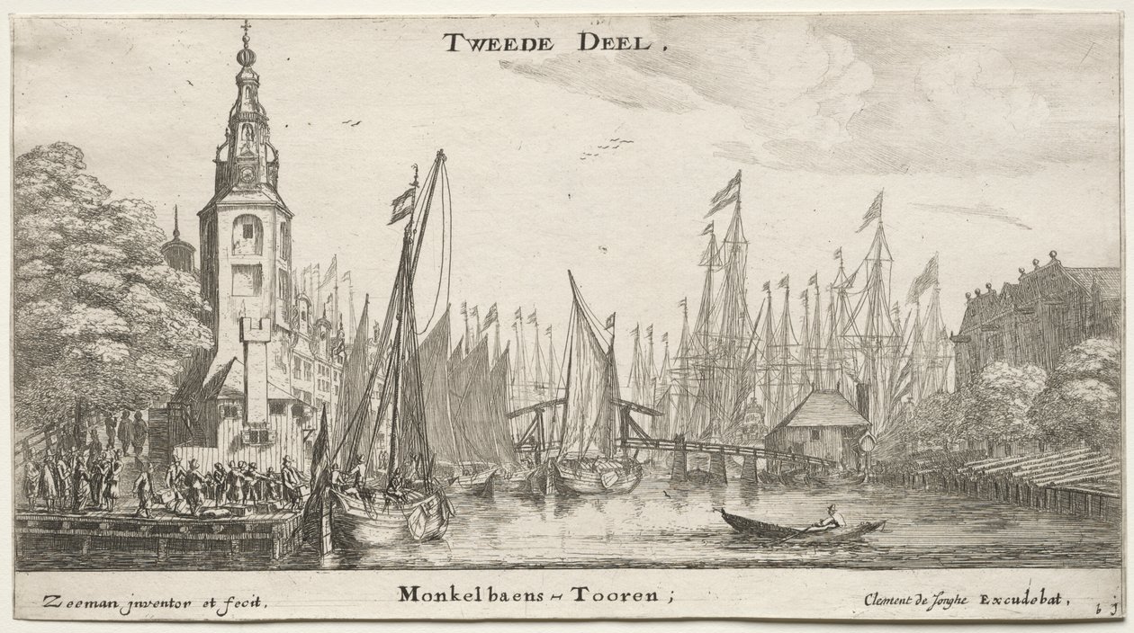 Varios barcos y vistas de Ámsterdam, Parte II: Canal cerca de Ámsterdam y Torre de Monkel de Clement de Jonghe