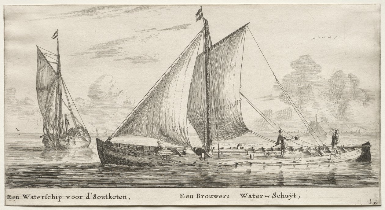 Varios Barcos y Vistas de Ámsterdam (Verscheÿde Schepen en Gesichten van Amstelredam), Parte II: Un Barco de Agua rumbo a Soutketen. Un Barco de Agua de Cervecero de Clement de Jonghe