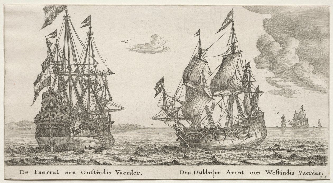 Varios barcos y vistas de Ámsterdam, Parte II: La Perla y el Indiaman del Este, El Águila Doble, un Indiaman del Oeste de Clement de Jonghe