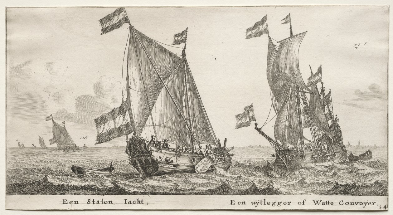 Varios barcos y vistas de Ámsterdam (Verscheÿde Schepen en Gesichten van Amstelredam), Parte II: Yate de la Almirantazgo Holandés. Un barco de guardia de Clement de Jonghe