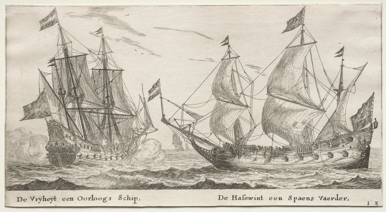 Varios barcos y vistas de Ámsterdam (Verscheffde Schepen en Gesichten van Amstelredam), Parte II: La Libertad, un barco de guerra. El Sabueso, un barco español de Clement de Jonghe
