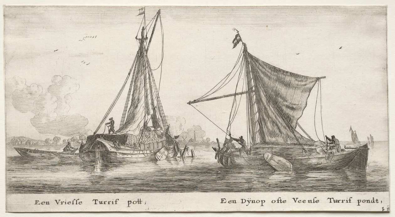 Varios Barcos y Vistas de Ámsterdam (Verscheÿde Schepen en Gesichten van Amstelredam), Parte II: Una Barca de Turba Frisona. El Dÿnop, cerca del Estanque de Turba Veensche de Clement de Jonghe