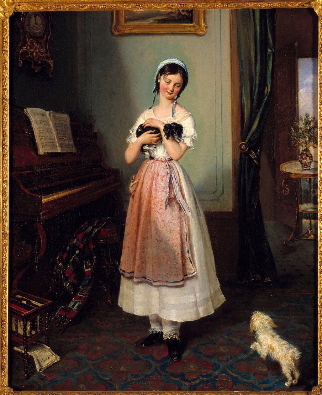 Una joven en un interior burgués con dos perros. Pintura de Clementine de Bar (1807-1856) Siglo XIX París, Galería Garoche de Clementine de Bar