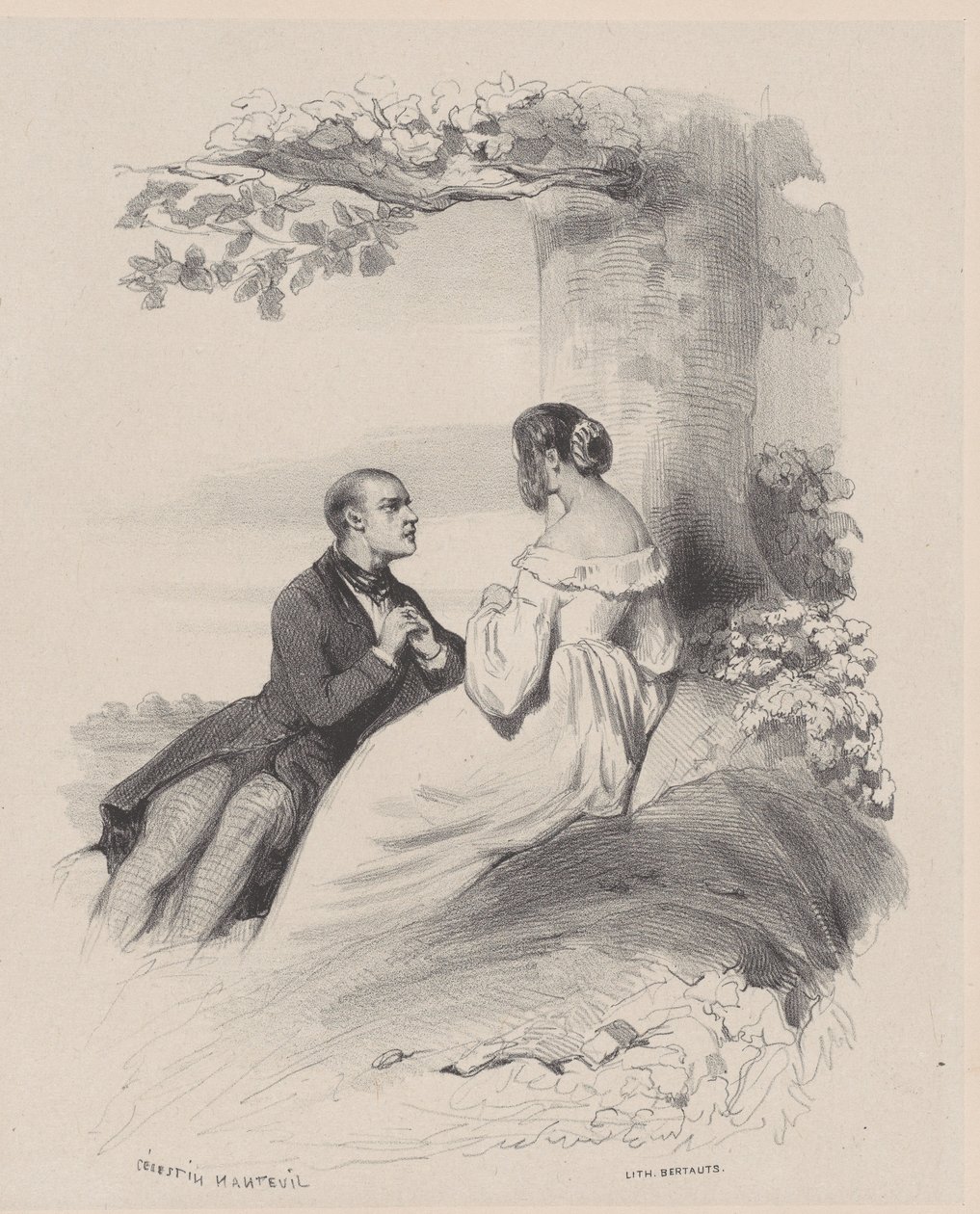 Hombre proponiendo a una mujer cuyo rostro está oculto por el cabello, ca. 1830-65 de Célestin Nanteuil
