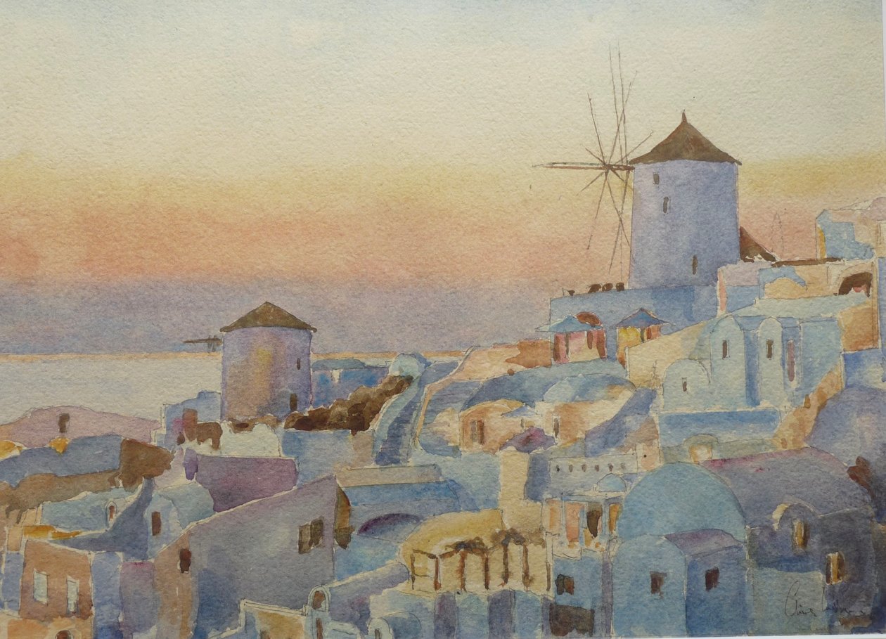 Santorini Oia - Puesta de sol, tiempo de iluminación, 2019 (acuarela) de Clive Wilson