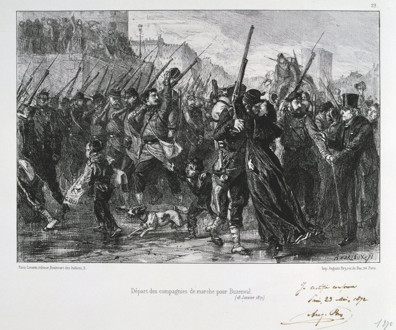 Guerra Franco-Prusiana 1870-1871: Batalla de Buzenval (Monte Valerien) cerca de Versalles 19 de enero de 1871. Guardia Nacional marchando hacia la batalla y derrota. De una serie de litografías de Clement August Andrieux sobre la Guardia Nacional. de Clément Auguste Andrieux