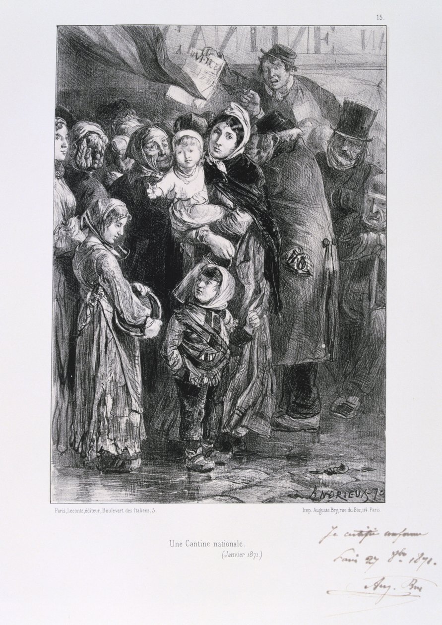 Guerra Franco-Prusiana 1870-1871. Sitio de París 19 Sept 1870-28 Ene 1871. Una cocina de sopa nacional en París, enero de 1871. De una serie de litografías de Clement August Andrieux sobre los Guardias Nacionales. Escasez de alimentos Hambre de Clément Auguste Andrieux