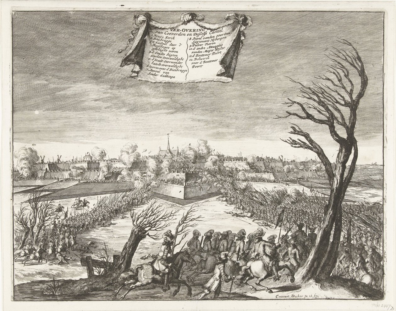 Asalto y captura de Coevorden el 30 de diciembre de 1672 Conquista de Coevorden y Deßelfs Casteel (título sobre el objeto) de Coenraet Decker