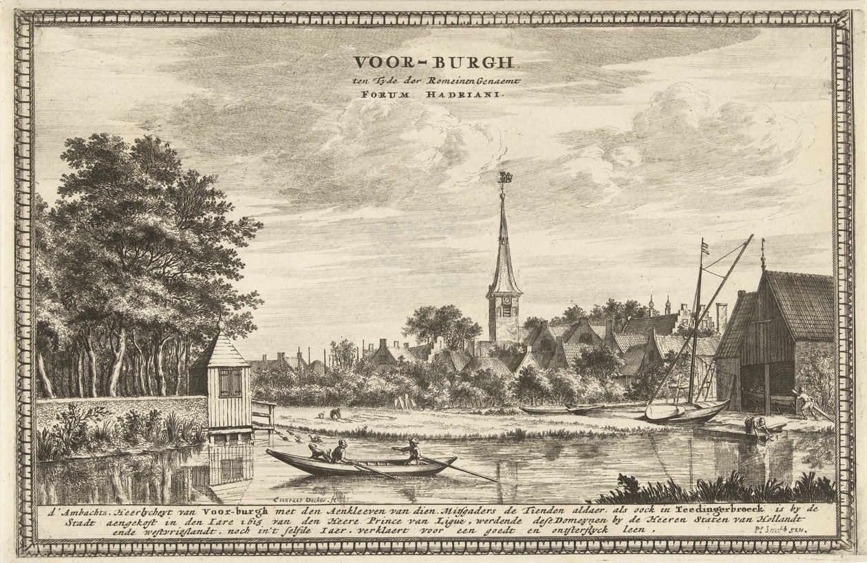 Vista de Voorburg Voor-burgh en la época de los romanos llamado Forum Hadriani (título sobre el objeto) de Coenraet Decker