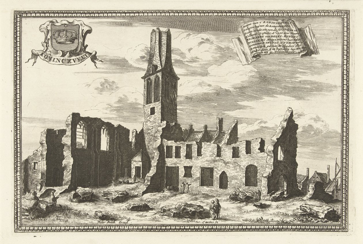 Vista de las ruinas del monasterio Koningsveld Konincxvelt (título sobre objeto) de Coenraet Decker