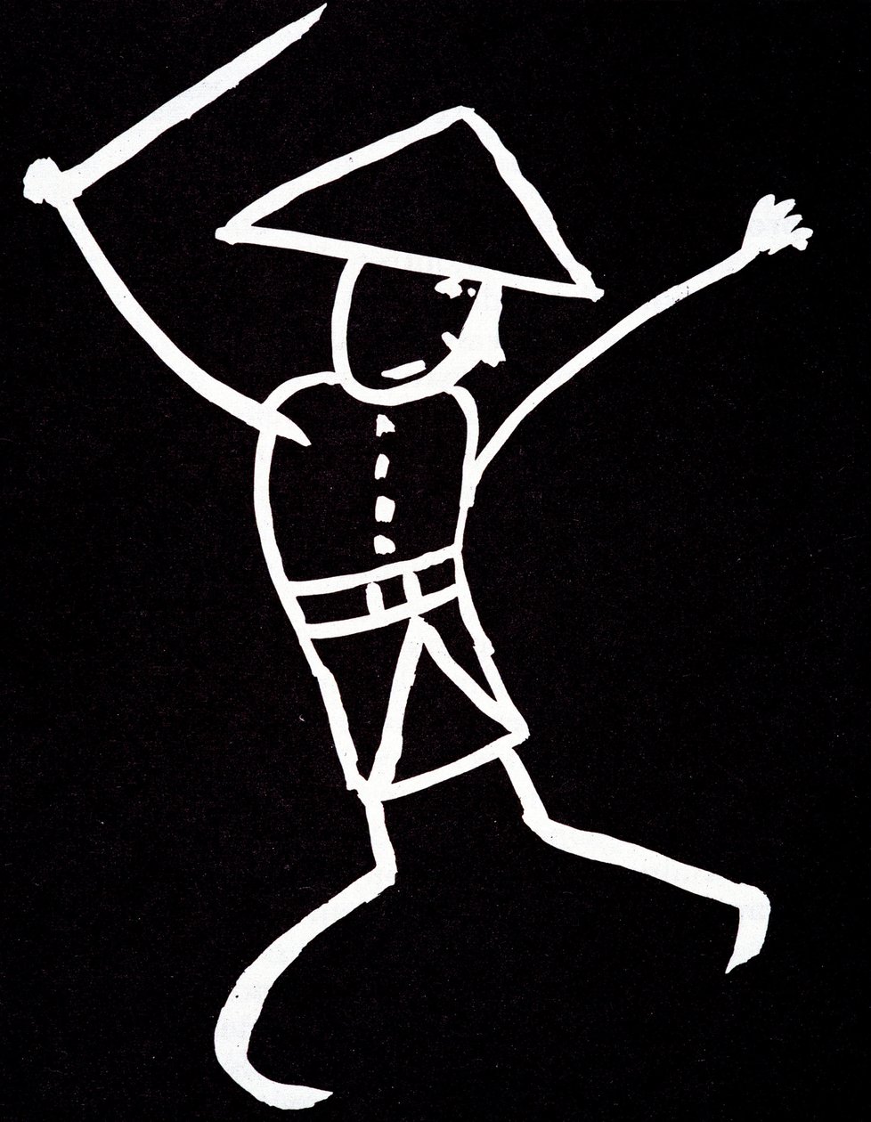 Personaje con sombrero, uniforme y columpio. Dibujo anime de Emile Cohl (1857-1938) en blanco sobre negro. de Cohl